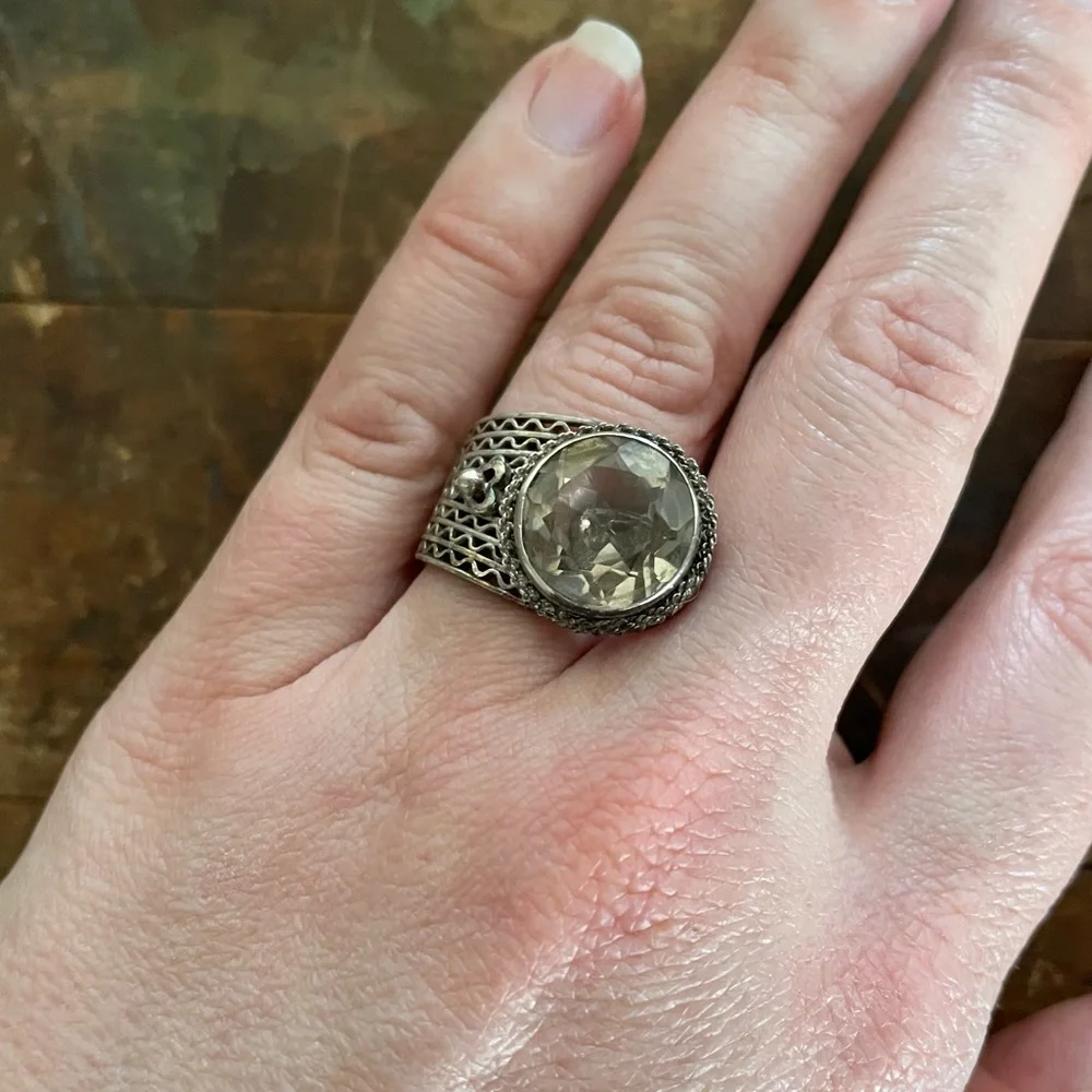 Vintage deco ring silver mesh with smoky quartz stone